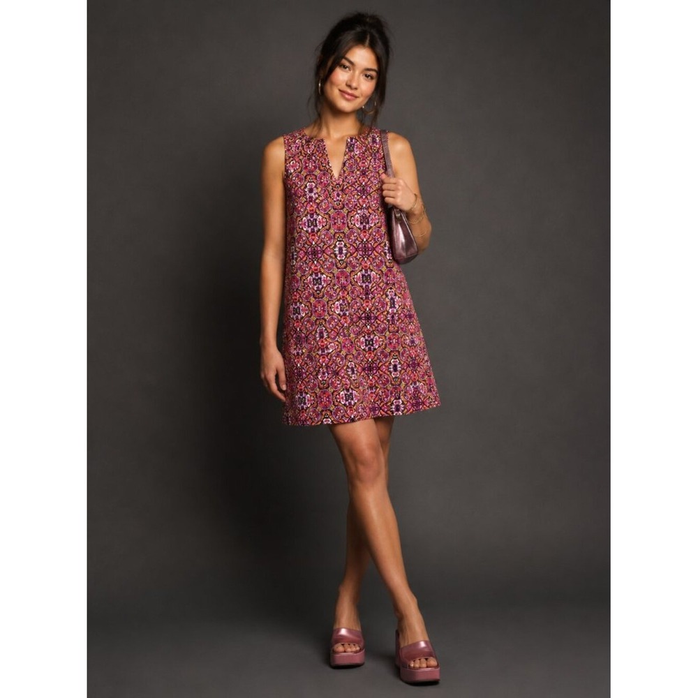 Lands End Womens XS Pink Orange Medallion Split Neck Sleeveless Shift Dress - Picture 10 of 10